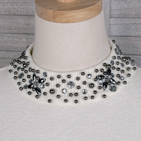 Mock Neck Sweater (no tags) w Embellished Gem Neckline Cream-Medium - Picture 2 of 4
